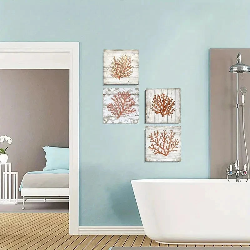 4pcs Orange Coral Beach Poster Wall Art Canvas Framed