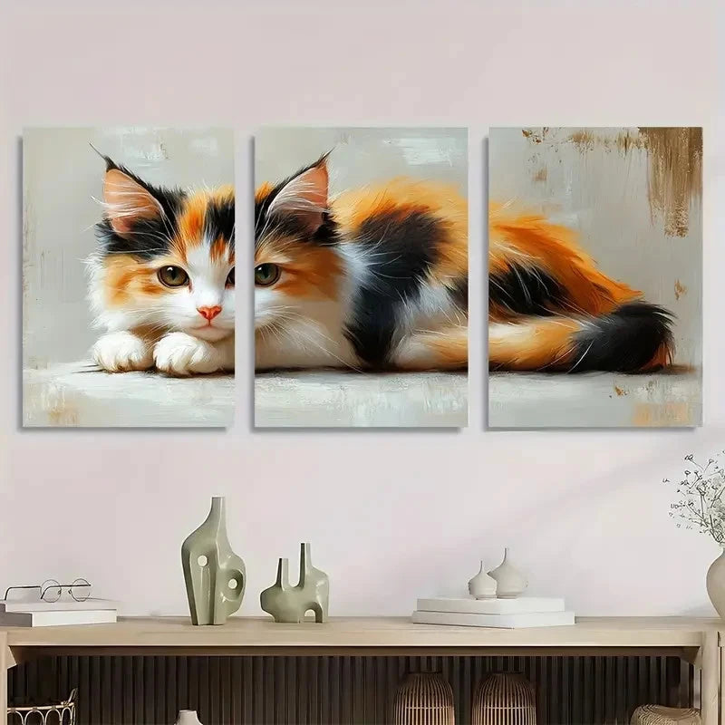 3pcs Calico Cat Oil Animals Perfect Wall Art Set Canvas Framed 40x60cm - High Quality Print 100% Australian Made Wall Canvas Ready to Hang
