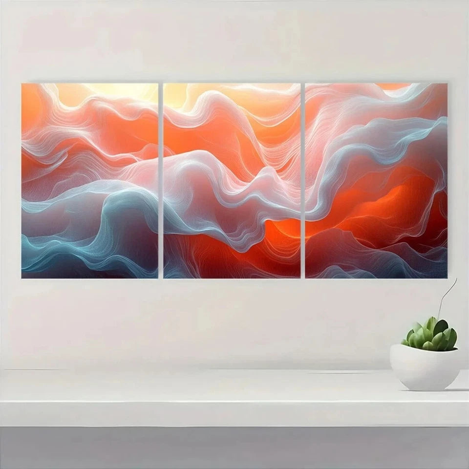 3pcs Vibrant Coral Ivory & Taupe Swirls Metal Print Ready to Hang Art