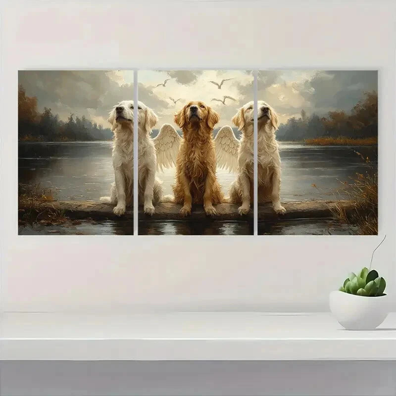 3pcs Dogs Angel Wings Lake Pet Metal Print Ready to Hang Art