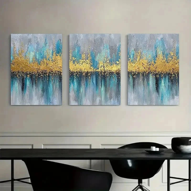 3pcs Golden Glow Blue & Turquoise Abstract Metal Print Ready to Hang Art