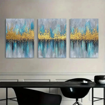 3pcs Golden Glow Blue & Turquoise Abstract Metal Print Ready to Hang Art