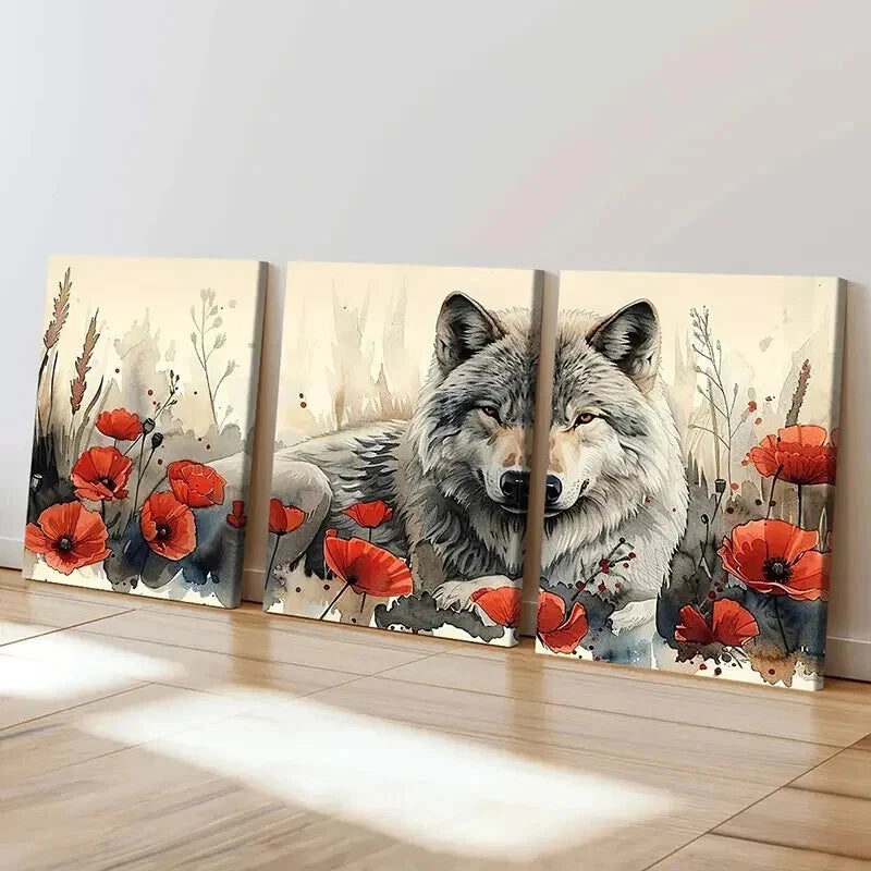 3pcs Watercolor Style The Wolf Among Flowers Wall Art Set Canvas Framed 40x60cm - High Quality Print 100% Australian Made Wall Canvas Ready to Hang