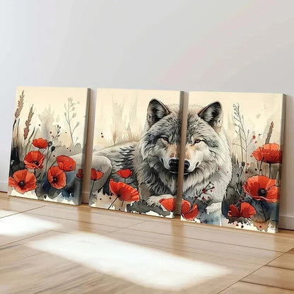 3pcs Watercolor Style The Wolf Among Flowers Wall Art Set Canvas Framed 40x60cm - High Quality Print 100% Australian Made Wall Canvas Ready to Hang
