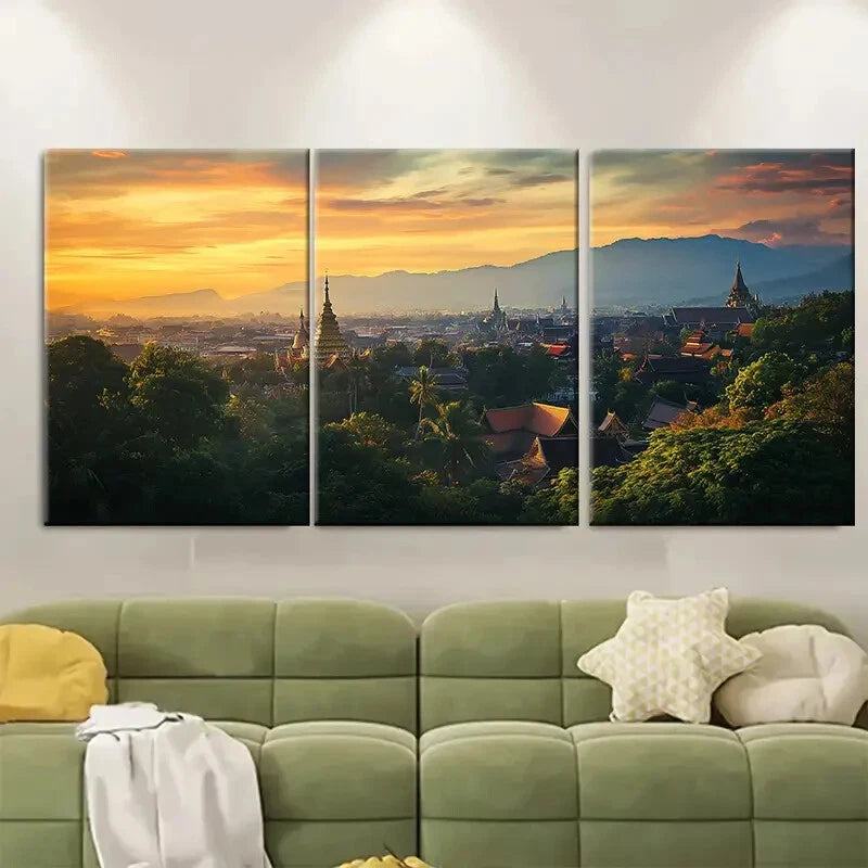 3pcs Vibrant Sunset View of Temples & Mountains Metal Print Ready to Hang Art