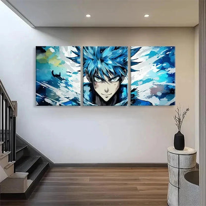 3pcs Anime Character Blue Haired Hero Perfect Wall Art Set Canvas Framed 50x70cm - High Quality Print 100% Australian Made Wall Canvas Ready to Hang