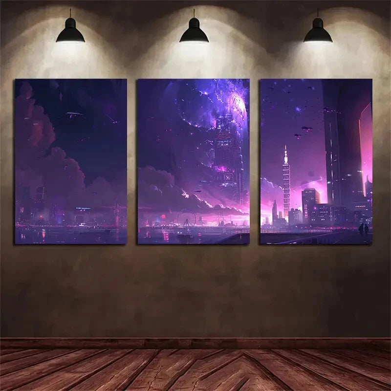 3pcs Thunderstorm Night Cityscape Urban Metal Print Ready to Hang Art