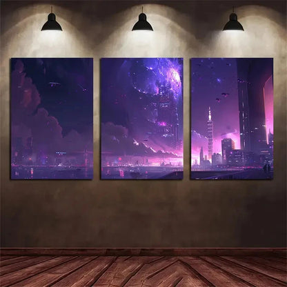 3pcs Thunderstorm Night Cityscape Urban Metal Print Ready to Hang Art