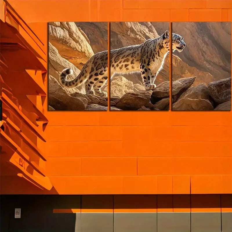 3pcs  Leopard on Rocky Cliff Wildlife  Modern Blue Nature   Wall Art Set Canvas Framed 50x70cm - High Quality Print 100% Australian Made Wall Canvas Ready to Hang - Bella Home Decor