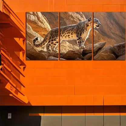 3pcs  Leopard on Rocky Cliff Wildlife  Modern Blue Nature   Wall Art Set Canvas Framed 50x70cm - High Quality Print 100% Australian Made Wall Canvas Ready to Hang - Bella Home Decor