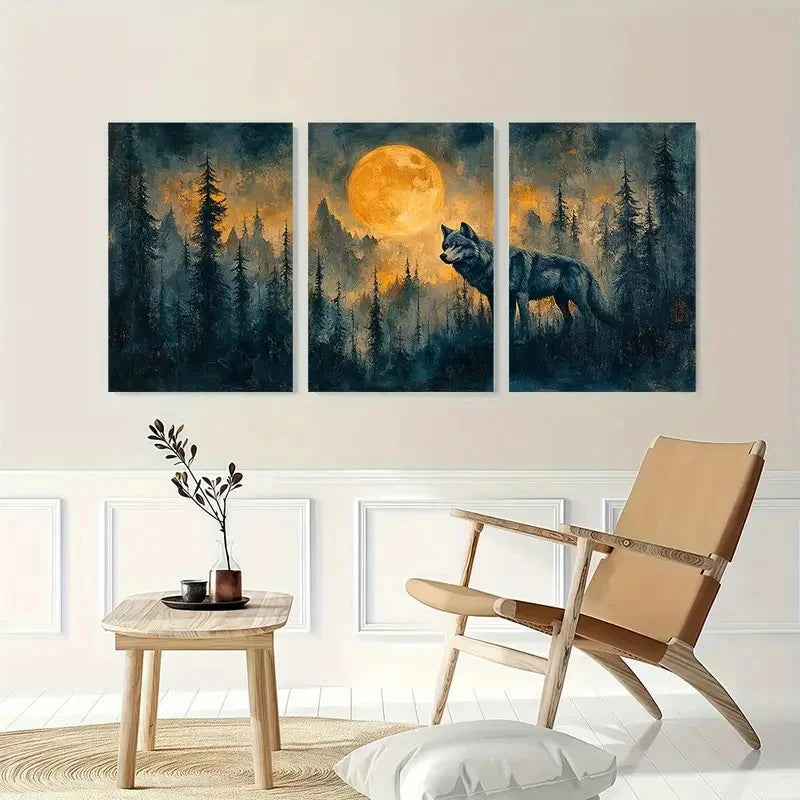 3pcs Full Moon Wolf Contemporary Perfect Wall Art Set Canvas Framed 40x60cm - High Quality Print 100% Australian Made Wall Canvas Ready to Hang