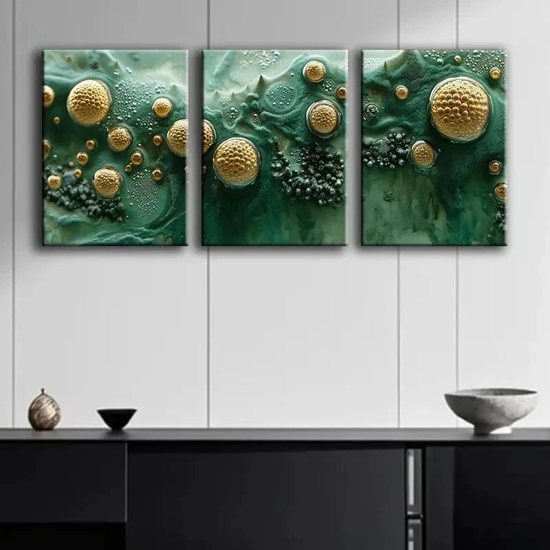 3pcs Abstract Green & Golden Modern Metal Print Ready to Hang Art