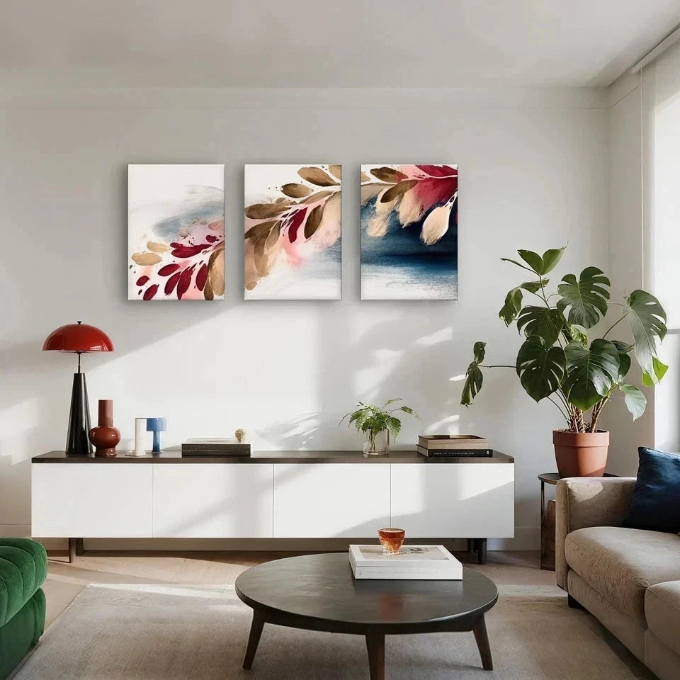3pcs Modern Abstract Burgundy and Gold Leaves Wall Art Set Canvas Framed 40x60cm - High Quality Print 100% Australian Made Wall Canvas Ready to Hang