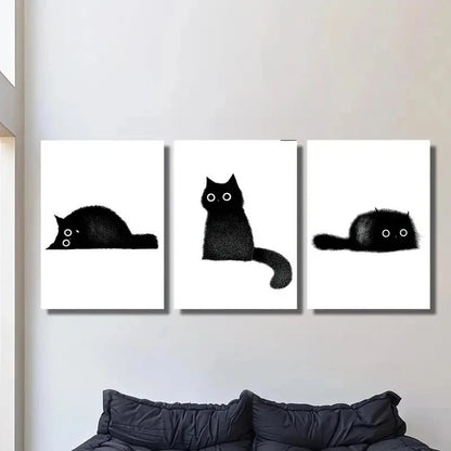 3pcs Cute Black Cat Illustrations Metal Print Ready to Hang Art