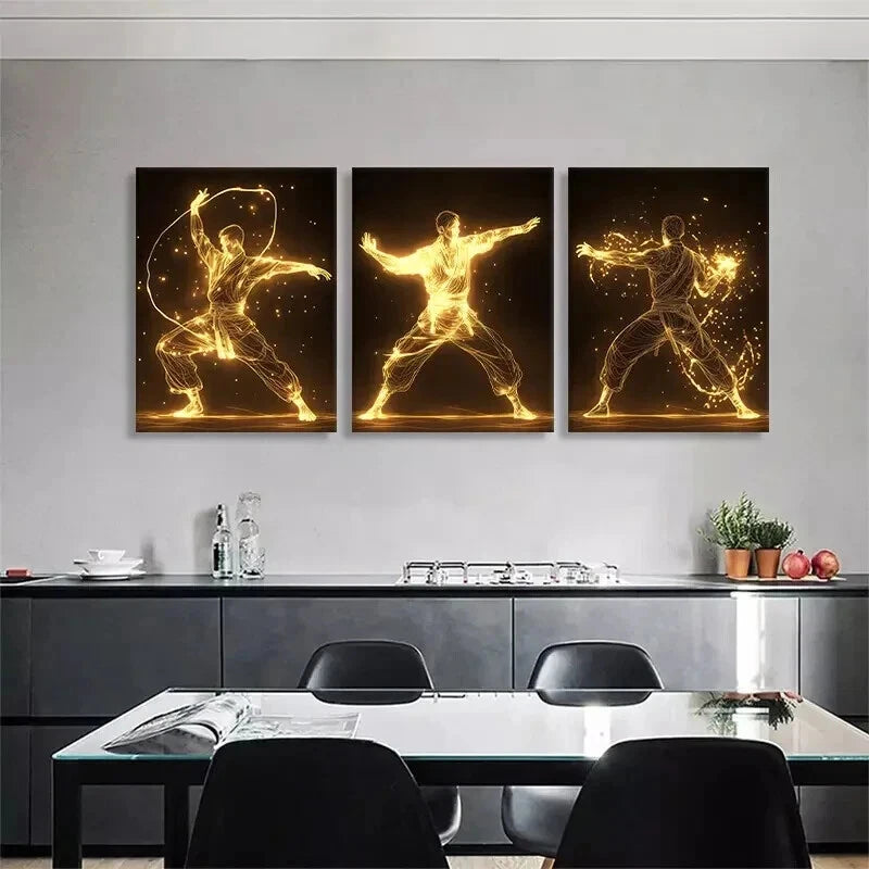 3pcs Glowing Martial Golden Energy Perfect Wall Art Set Canvas Framed 40x60cm - High Quality Print 100% Australian Made Wall Canvas Ready to Hang