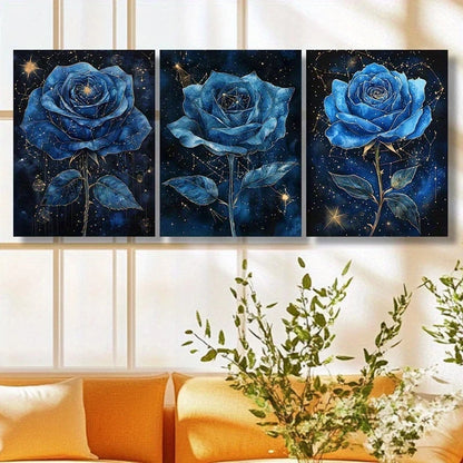 3pcs Elegant Blue Rose Trio Cosmic Floral Design Metal Print Ready to Hang Art