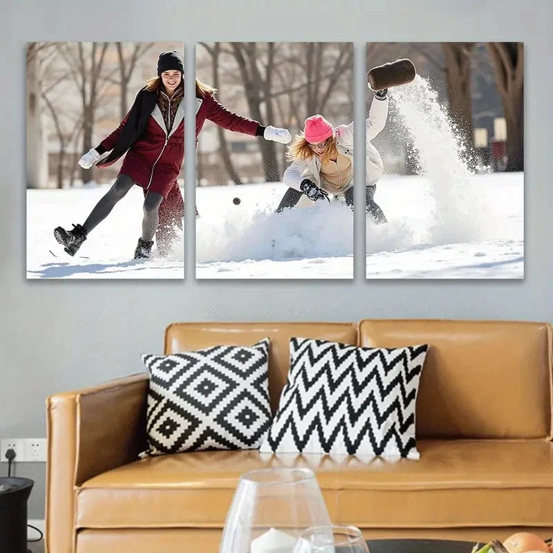3pcs People Playing In The Snow Artwork Wall Art Set Canvas Framed 40x60cm - High Quality Print 100% Australian Made Wall Canvas Ready to Hang