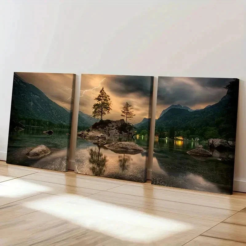 3pcs Forest Stones in the Lake & Lightning Wall Art Set Canvas Framed 40x60cm - High Quality Print 100% Australian Made Wall Canvas Ready to Hang