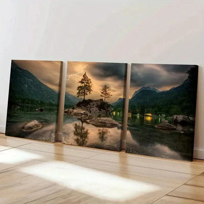 3pcs Forest Stones in the Lake & Lightning Wall Art Set Canvas Framed 40x60cm - High Quality Print 100% Australian Made Wall Canvas Ready to Hang