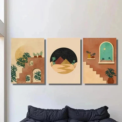 3pcs Moroccan Burnt Orange Oasis in the Desert Wall Art Set Canvas Unframed - High Quality Print 100% Australian Made Wall Canvas