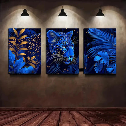 3pcs Leopard Surrounded by Blue Flowers And Golden Metal Print Ready to Hang Art