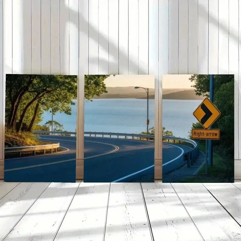 3pcs Blue Lake, Curved Road, Green Trees Wall Art Set Canvas Framed 40x60cm - High Quality Print 100% Australian Made Wall Canvas Ready to Hang