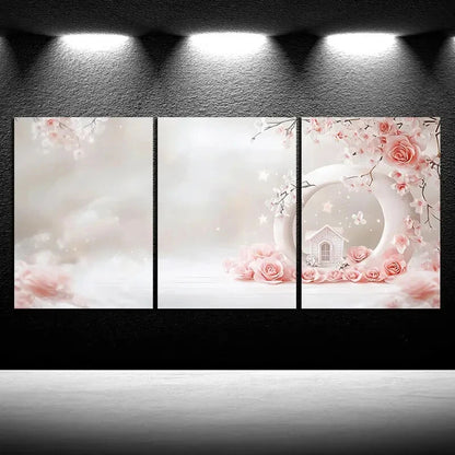 3pcs A House in The Snow Pink Roses Metal Print Ready to Hang Art