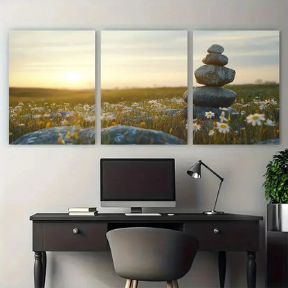 3pcs Stone Cairn Wildflowers and Midnight Sun Metal Print Ready to Hang Art