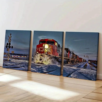 3pcs Steam Train with Snowy Landscape Wall Art Set Canvas Framed 40x60cm - High Quality Print 100% Australian Made Wall Canvas Ready to Hang
