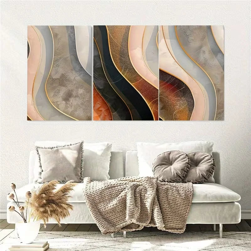 3pcs Abstract Golden Wavy Line Wall Art Set Canvas Framed 40x60cm - High Quality Print 100% Australian Made Wall Canvas Ready to Hang