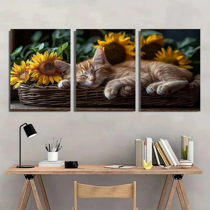 3pcs Orange Cat Sleeping Next to Sunflower Vase Metal Print Ready to Hang Art