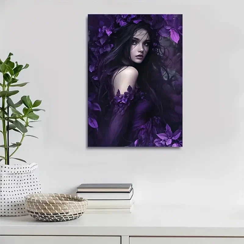Elegant Woman with Floral Design Painting 40x60cm Metal Print Ready to Hang