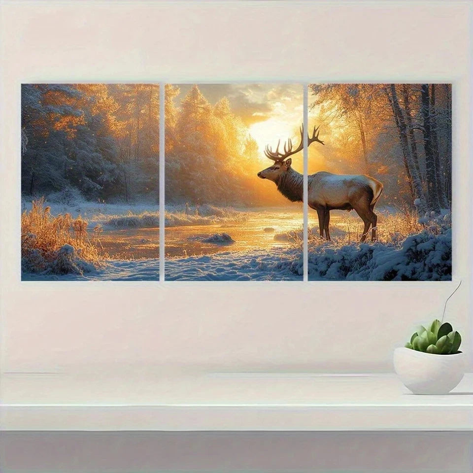 3pcs Realistic Deer in Winter Forest Scene Metal Print Ready to Hang Art