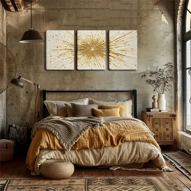 3pcs Golden Lines Radiating Outwards Perfect Wall Art Set Canvas Framed 40x60cm - High Quality Print 100% Australian Made Wall Canvas Ready to Hang