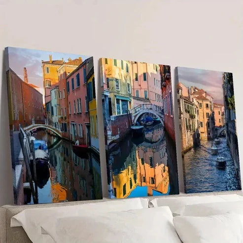 3pcs Vibrant Italian Buildings & Boats Wall Art Canvas Unframed - High Quality Print 100% Australian Made Wall Canvas