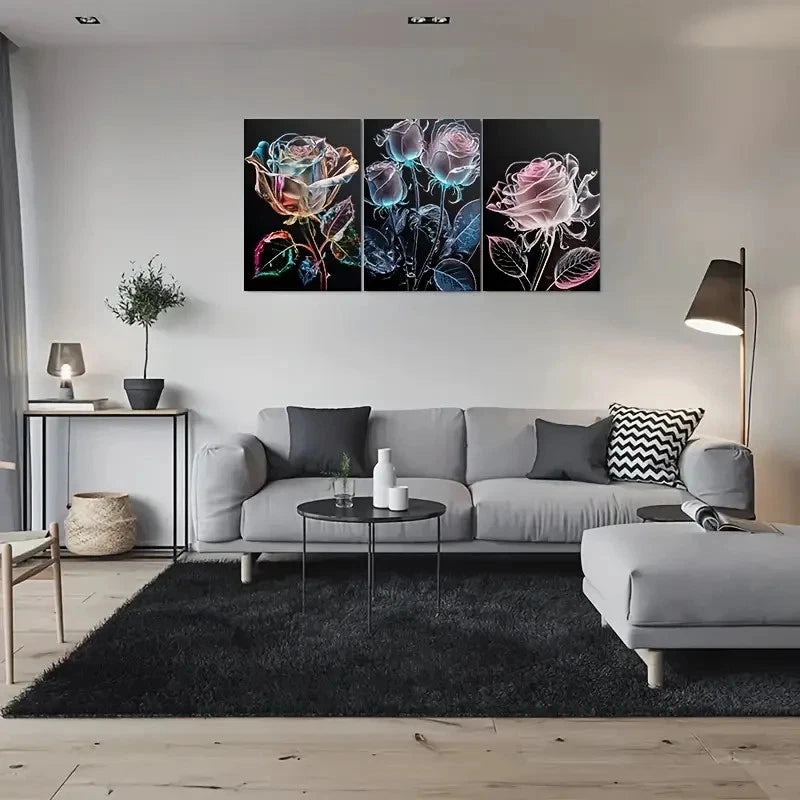 3pcs Colorful Rose Triptych Modern Metal Print Ready to Hang Art