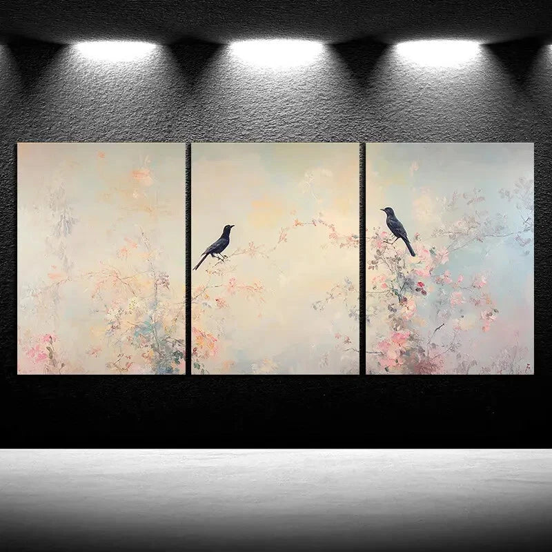 3pcs Black Birds on Blackberry Flowers Metal Print Ready to Hang Art