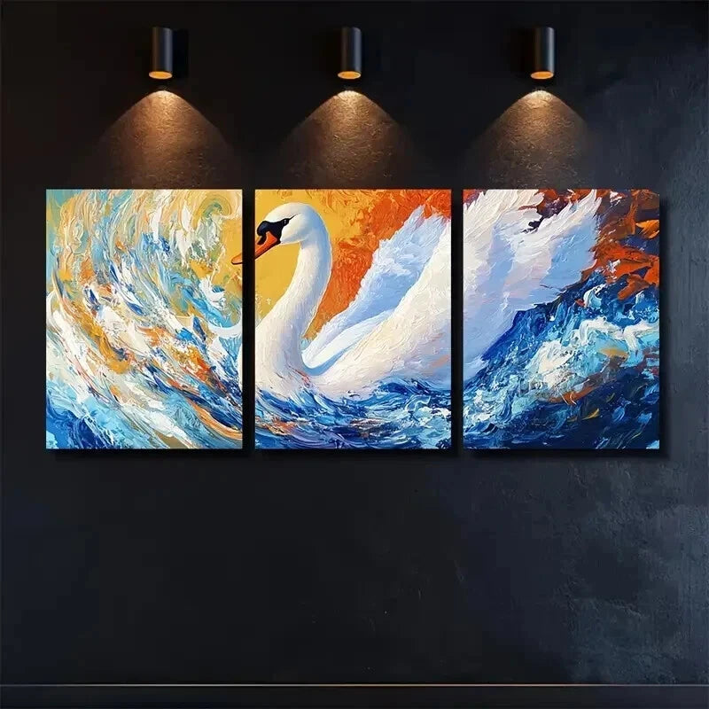 3pcs Summer Swan in Indigo and Amber Wall Art Set Canvas Framed 40x60cm - High Quality Print 100% Australian Made Wall Canvas Ready to Hang