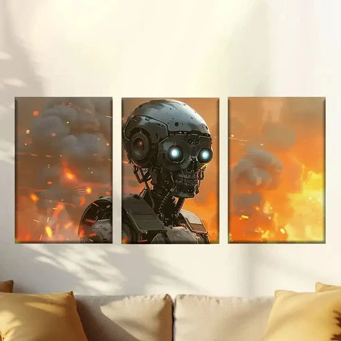 3pcs Futuristic Robot in Flames Wall Art Canvas Unframed - High Quality Print 100% Australian Made Wall Canvas