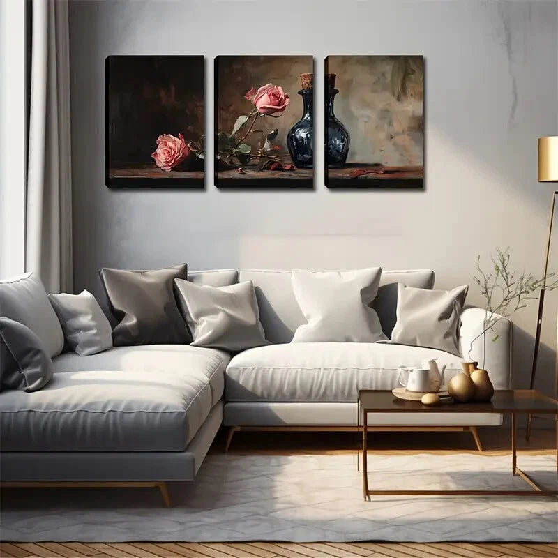 3pcs Pink Roses & Dark Bottles Dark Perfect Wall Art Set Canvas Framed 40x60cm - High Quality Print 100% Australian Made Wall Canvas Ready to Hang