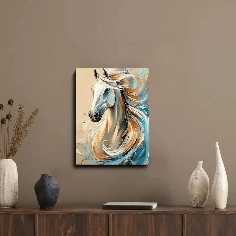 Beautiful White Horse With a Long Mane Light Brown 40x60cm Metal Print Ready to Hang