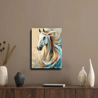 Beautiful White Horse With a Long Mane Light Brown 40x60cm Metal Print Ready to Hang