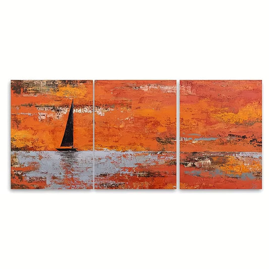 3pcs Abstract Sunset Boat Painting Wall Art Set Canvas Framed 60x90cm - High Quality Print 100% Australian Made Wall Canvas Ready to Hang