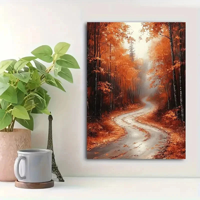 Beautiful Autumnal Forest Road Painting 40x60cm Metal Print Ready to Hang