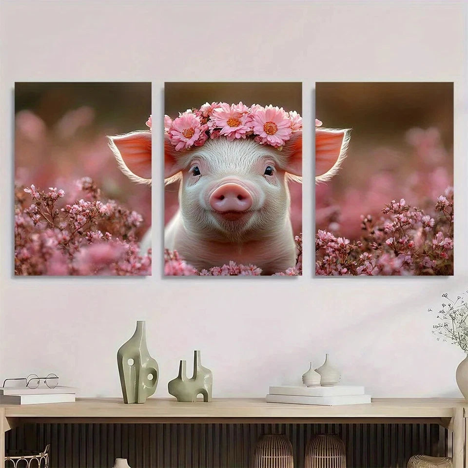 3pcs Happy Animals Pig with Flower Crown Metal Print Ready to Hang Art