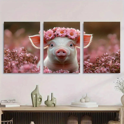 3pcs Happy Animals Pig with Flower Crown Metal Print Ready to Hang Art