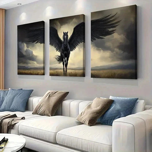 3pcs Fantasy Mythical Winged Horse Soaring Wall Art Set Canvas Framed 40x60cm - High Quality Print 100% Australian Made Wall Canvas Ready to Hang