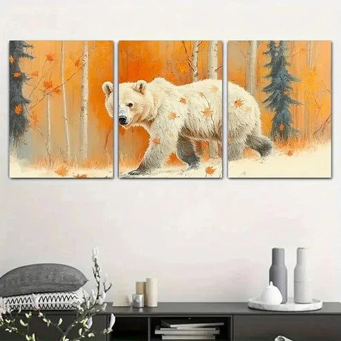 3pcs Bear in a Autumn Falling Leaves Forest Set Canvas Unframed - High Quality Print 100% Australian Made Wall Canvas