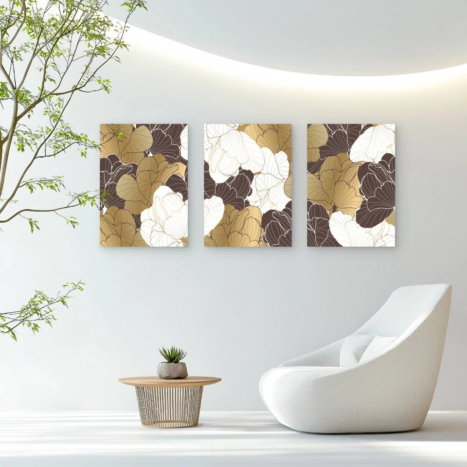 3pcs Golden Ginkgo Leaves In Timeless Layers Wall Art Set Canvas Framed 60x90cm - High Quality Print 100% Australian Made Wall Canvas Ready to Hang
