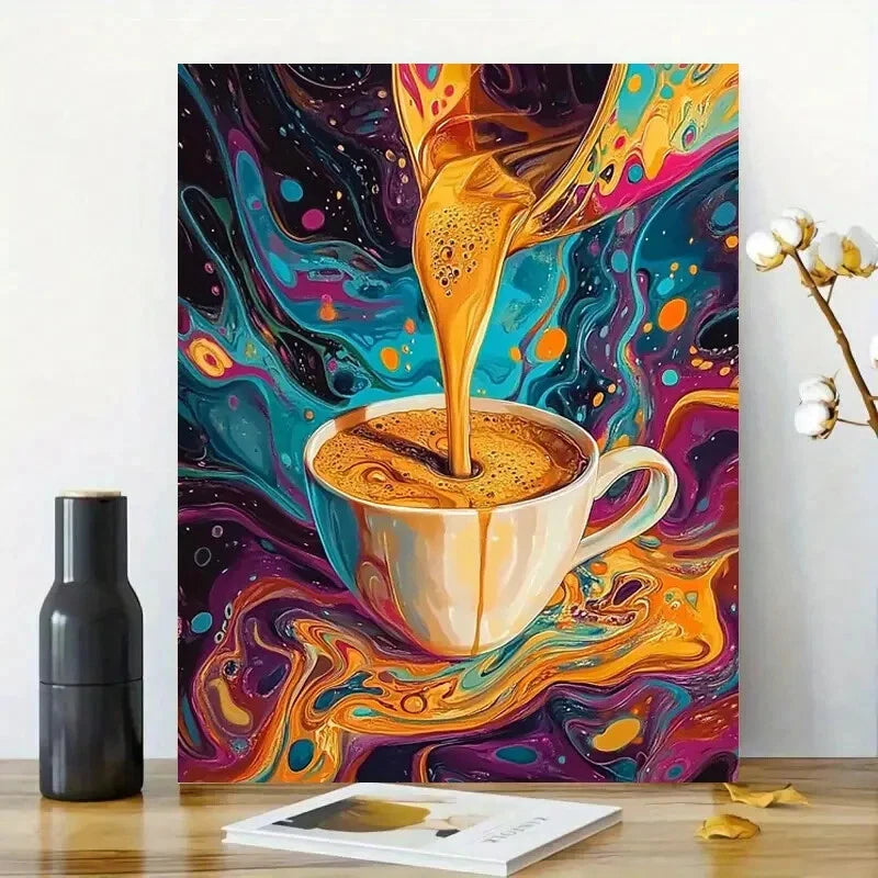 Cup Of Coffee Pouring, With a Psychedelic, Swirling 40x60cm Metal Print Ready to Hang